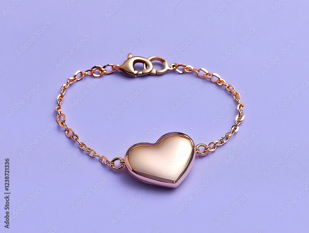 A single rose gold heart charm bracelet, delicately displayed on a solid pastel lavender background A single rose gold heart charm bracelet, delicately displayed on a solid pastel lavender background