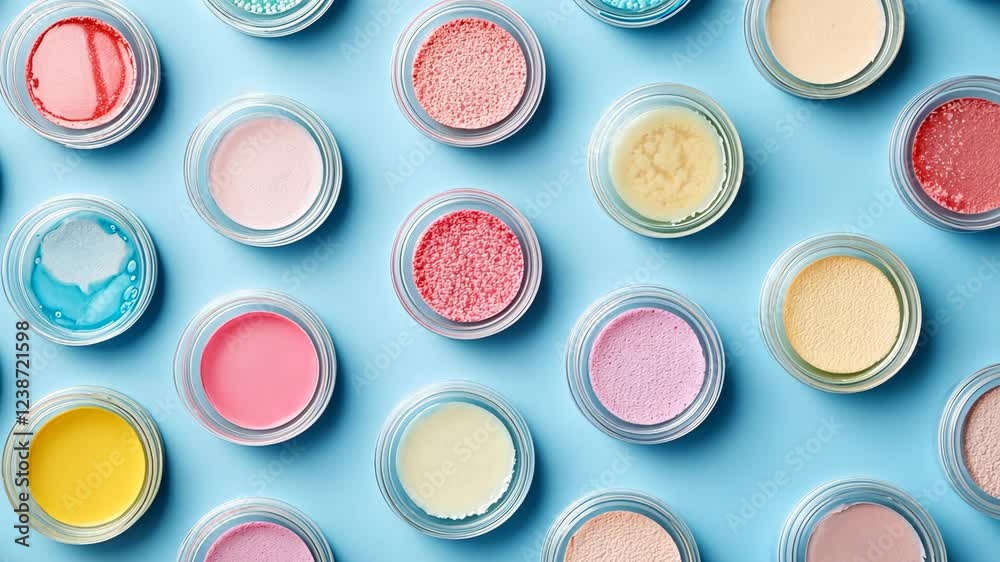 Colorful collection of cosmetic powders arranged on a blue background showcasing various textures and shades for beauty enthusiasts Colorful collection of cosmetic powders arranged on a blue background showcasing various textures and shades for beauty enthusiasts