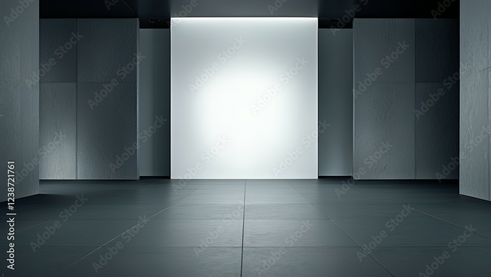 Fototapeta premium Modern gallery wall mockup in darkness. Dark museum hall 