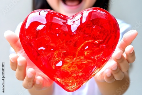 Sign of love. Commercial marketing creative. Ð¡hildren valentine's day greeting card: toddler girl with happy face holds red heart in hands. Advertising valentine's images. Child with heart. photo