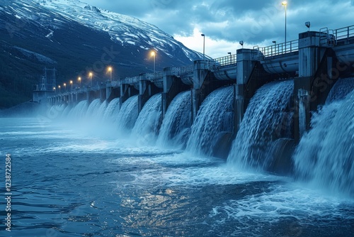 Scenic view of a majestic hydroelectric dam with cascading water under dramatic cloudy sky amidst mountainous backdrop at duskhydroelectric dam photo