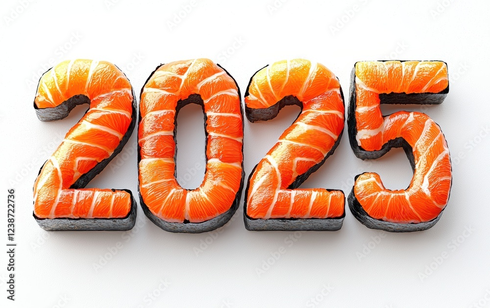 Naklejka premium 2025 Formed with Fresh Sushi Nigiri and Maki Rolls Isolated on a White Background