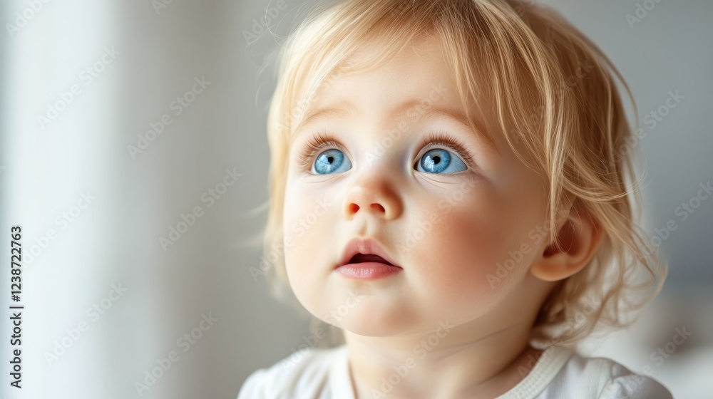 An enchanting portrait of a curious baby with bright blue eyes looking upwards, encapsulating innocence and wonder in a soft, serene atmosphere with natural lighting. An enchanting portrait of a curious baby with bright blue eyes looking upwards, encapsulating innocence and wonder in a soft, serene atmosphere with natural lighting.
