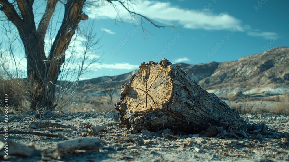 Nature's Resilience: Close-Up of a Fallen Tree Trunk in Desert Landscape Nature's Resilience: Close-Up of a Fallen Tree Trunk in Desert Landscape