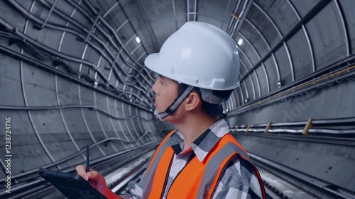Wallpaper Mural Close Up Side View Of Asian Male Engineer With Safety Helmet Taking Note On The Tablet And Looking Around While Standing In Underground Subway Tunnel Torontodigital.ca