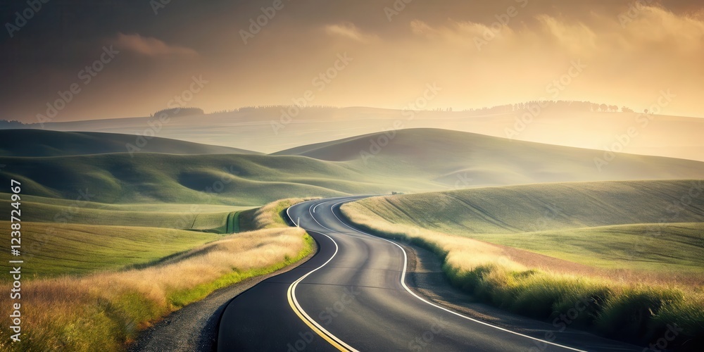 Fototapeta premium Serene Asphalt Road Winding Through Rolling Green Hills at Sunrise