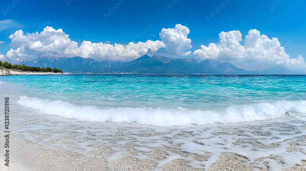 Turquoise beach waves, mountains backdrop, summer vacation paradise Turquoise beach waves, mountains backdrop, summer vacation paradise