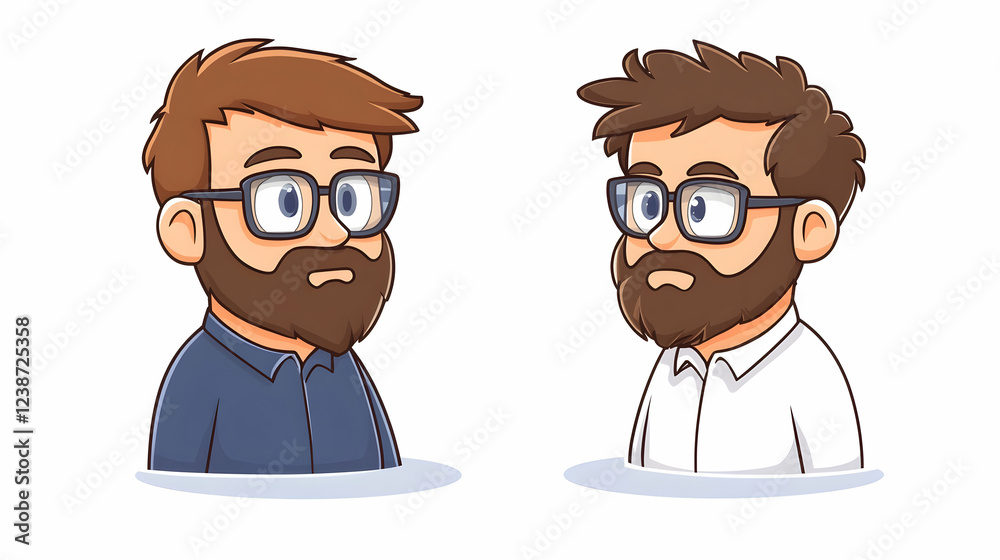 Two bearded men in glasses converse; simple white background; ideal for website avatars or team illustrations Two bearded men in glasses converse; simple white background; ideal for website avatars or team illustrations