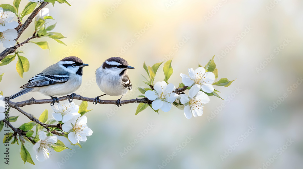 Two birds perched on blossoming branch, spring garden background, nature scene, perfect for greeting cards Two birds perched on blossoming branch, spring garden background, nature scene, perfect for greeting cards
