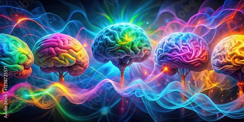 A group of colorful, swirling shapes representing different brain wave patterns and neural connections , brain waves, vibrant colors