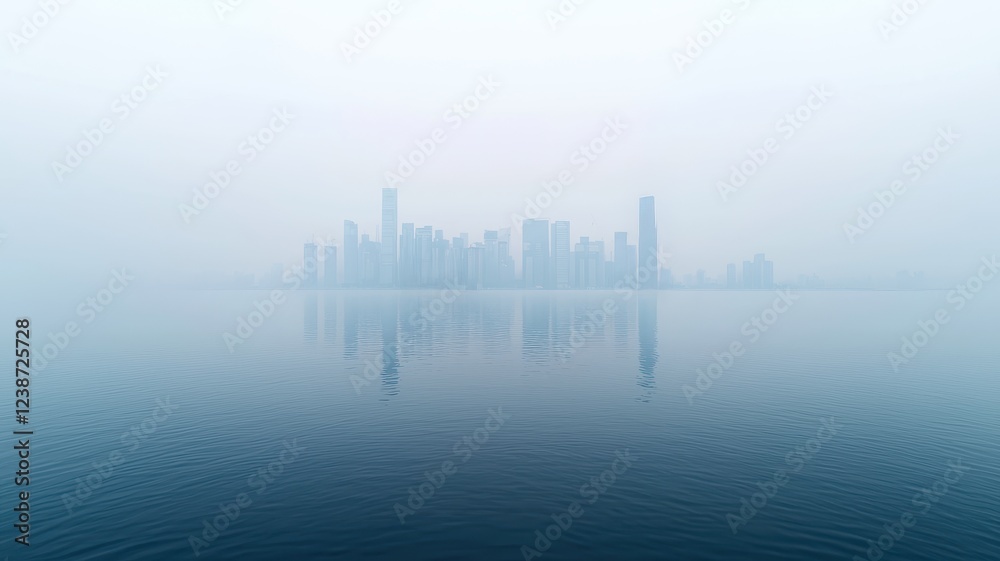 Polution in city, A hazy skyline emerges from mist over calm waters, creating a serene yet mysterious atmosphere.