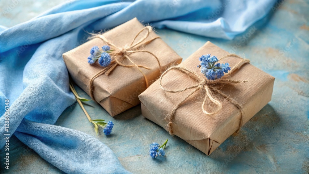 Two rustic brown wrapped gifts adorned with delicate blue flowers rest on a soft blue textile background. Two rustic brown wrapped gifts adorned with delicate blue flowers rest on a soft blue textile background.