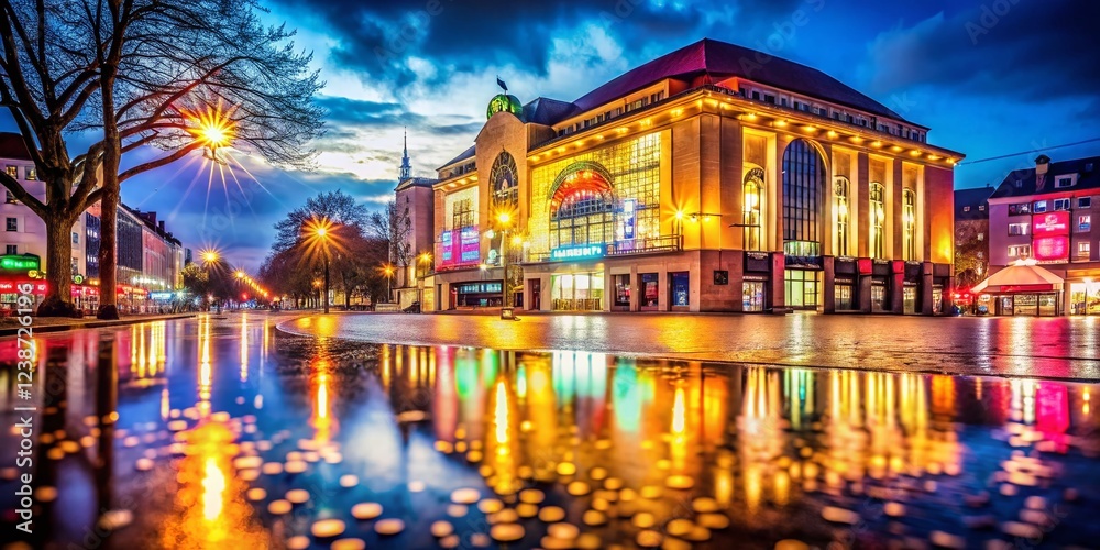 Fototapeta premium Duisburg Theater Night, Bokeh Lights, Ruhrgebiet, Germany - Night Photography Stock Photo