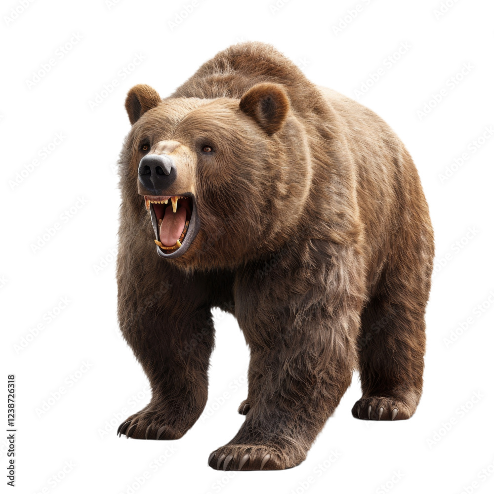 Fototapeta premium Fierce brown bear roars showing sharp teeth and powerful stance in detailed close-up view