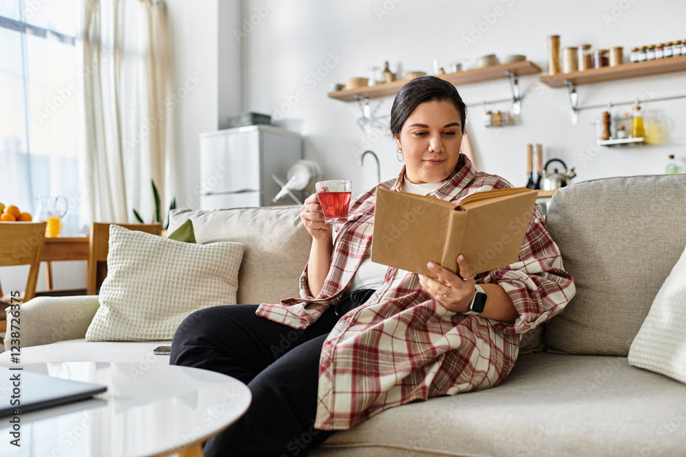 A young plus sized woman relaxes on a sofa, sipping tea while immersed in an engaging book. A young plus sized woman relaxes on a sofa, sipping tea while immersed in an engaging book.