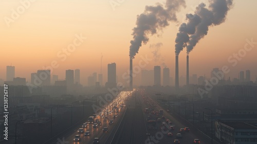 Polution in city, An industrial skyline shrouded in smog, with smoke billowing from chimneys and vehicles on a congested road amidst a hazy sunrise.