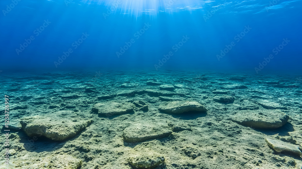 Underwater ocean floor, sun rays, sandy seabed, stones, tranquil scene. Ideal for travel, nature documentaries Underwater ocean floor, sun rays, sandy seabed, stones, tranquil scene. Ideal for travel, nature documentaries