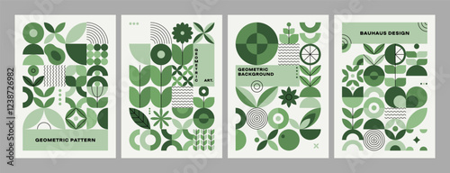 Green plant geometric posters. Abstract minimal mosaic leaf flower ornament, creative bauhaus scandinavian tile composition. Vector brochure flyer design set