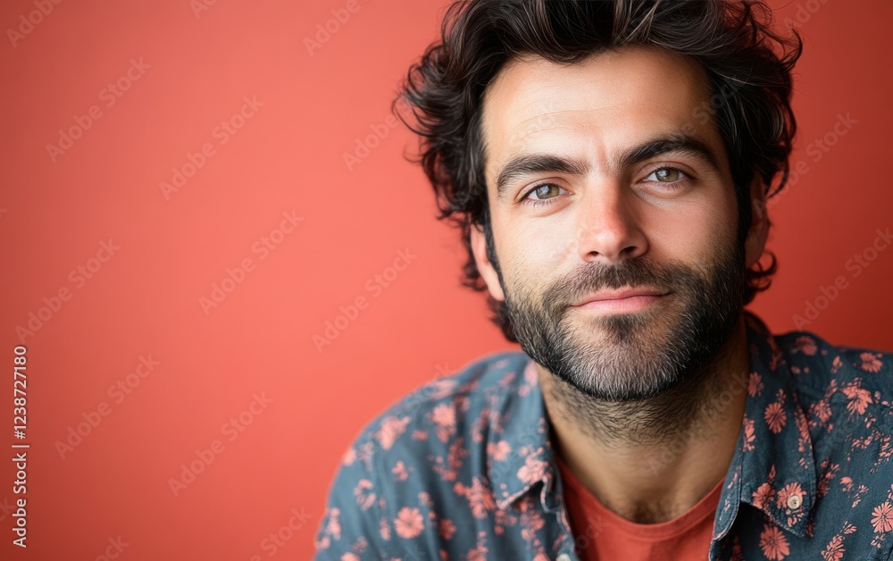 Fototapeta premium A man with a mustache and a floral shirt is smiling
