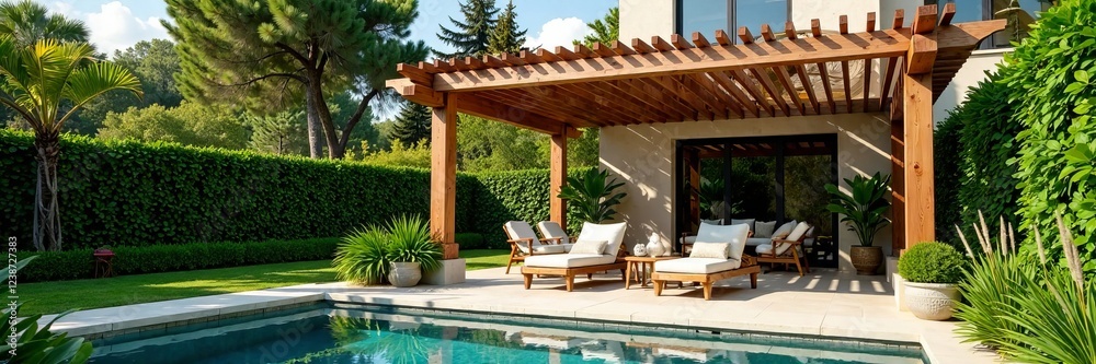 Obraz premium A serene backyard oasis featuring a pool and comfortable lounge chairs under a pergola.