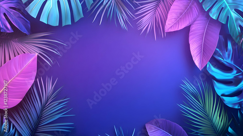 Vibrant tropical leaves frame, purple background, summer design, website banner