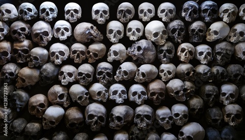 goth backgrounds wallpaper offering a selection of skulls such as a massive white cranium a black skull and numerous smaller skulls organized in a row from left to right