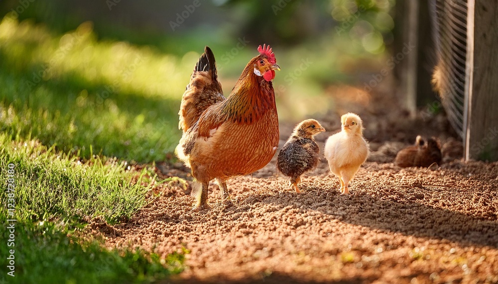Fototapeta premium outside chickens bird with small chicken taking walks in the backyard
