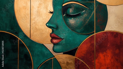 Abstract portrait of a woman with green skin, closed eyes, and red lips, surrounded by geometric gold and red shapes in an artistic composition. AI generative. photo