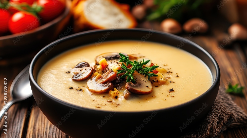 An inviting bowl of creamy mushroom soup topped with sautéed mushrooms, perfect for a comforting meal. Ideal for food photography or culinary art. An inviting bowl of creamy mushroom soup topped with sautéed mushrooms, perfect for a comforting meal. Ideal for food photography or culinary art.