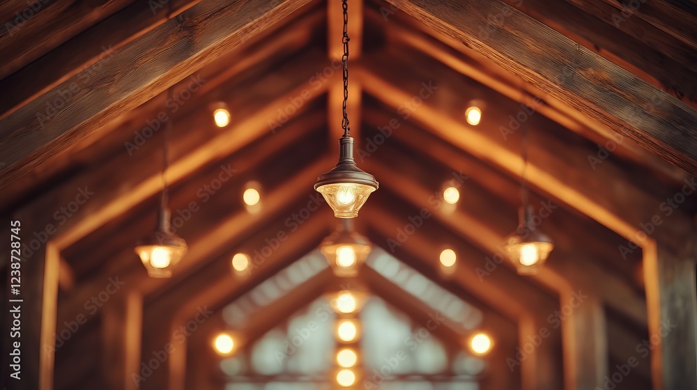 Obraz premium Elegant Light Fixture Hanging Gracefully from a Rustic Wooden Ceiling Enhancing the Warm Ambiance of a Cozy Interior Space in a Charming and Inviting Timber Structure Design