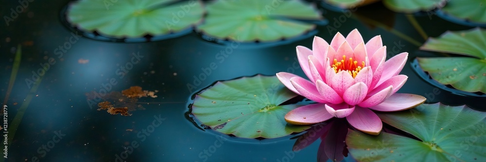 A serene pink lotus flower blooms on a tranquil pond surrounded by green lily pads. A serene pink lotus flower blooms on a tranquil pond surrounded by green lily pads.
