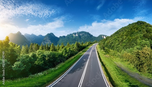 asphalt dual carriageway avenue and green forest with mountain herbal panorama below blue sky generative ai
