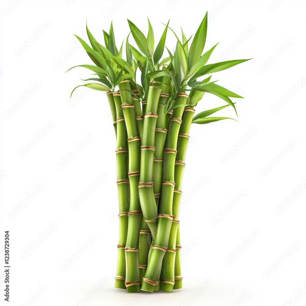 Fototapeta premium Bamboo stalks with fresh green leaves, isolated on white background