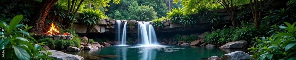 Fototapeta premium A serene waterfall surrounded by lush greenery and tranquil water, perfect for nature lovers.