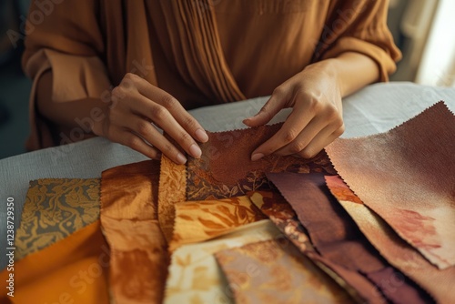 Wallpaper Mural A person examines various earthy-toned fabric swatches, selecting the perfect material for a design project. Torontodigital.ca