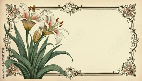 Vintage Engraving of an Easter Lily with an Art Deco Filigree Frame, copy space