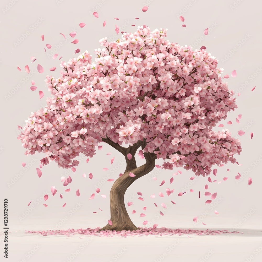 Obraz premium Beautiful cherry blossom tree in full bloom with delicate pink petals falling gently in the spring breeze