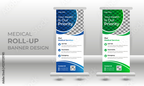 Healthcare and medical agency Corporate roll up banner design or pull up banner template and stand design, advertisement, flyer design, display vector illustration.