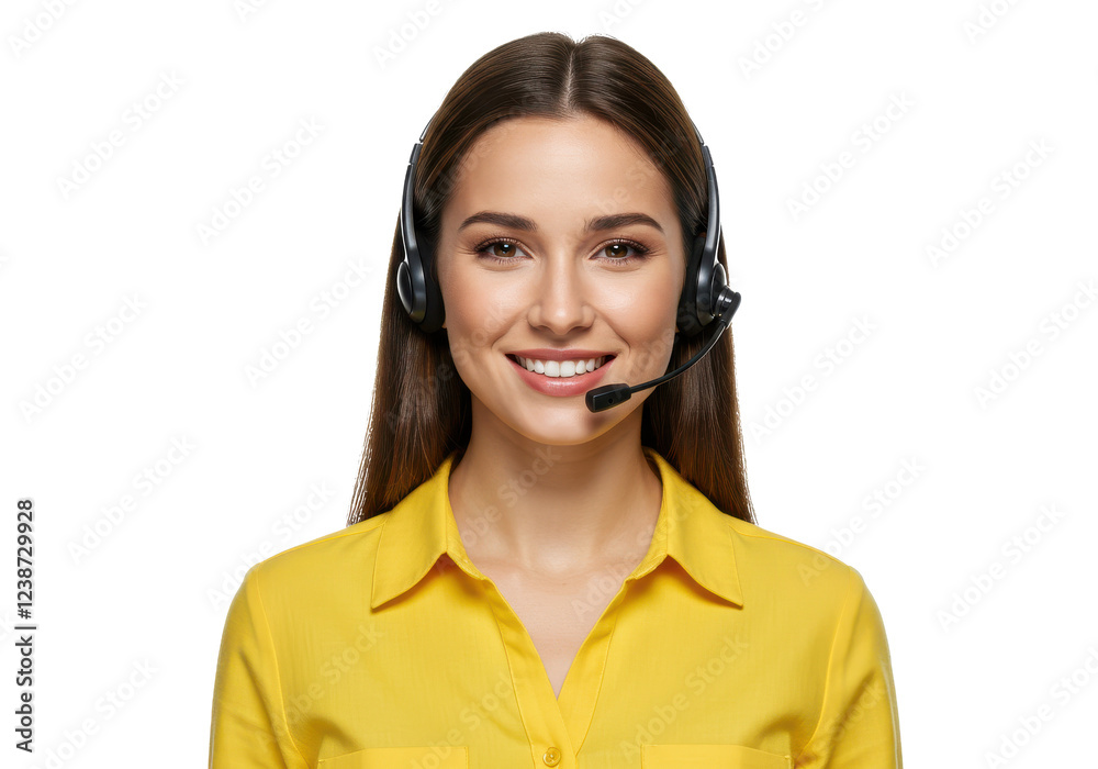 Smiling female call center agent wearing a headset and a yellow shirt isolated on white background Smiling female call center agent wearing a headset and a yellow shirt isolated on white background