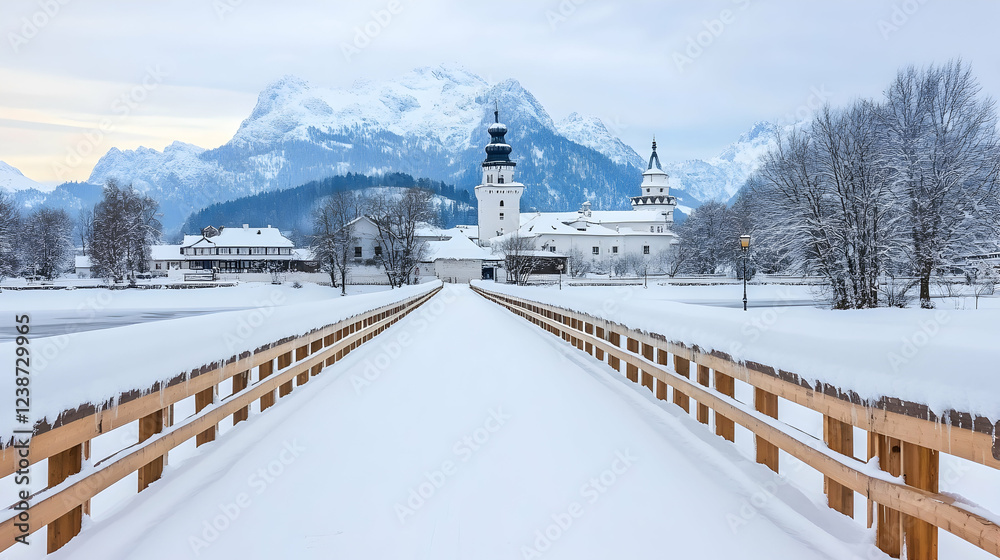 Winter castle, snowy bridge, alpine mountains, serene landscape, travel postcard Winter castle, snowy bridge, alpine mountains, serene landscape, travel postcard