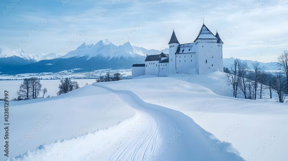 Naklejka premium Winter castle landscape, snowy path, mountain backdrop, idyllic scene, travel postcard