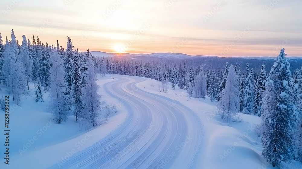Winter sunrise over snowy road winding through pine forest. Perfect for travel, winter, or nature websites Winter sunrise over snowy road winding through pine forest. Perfect for travel, winter, or nature websites