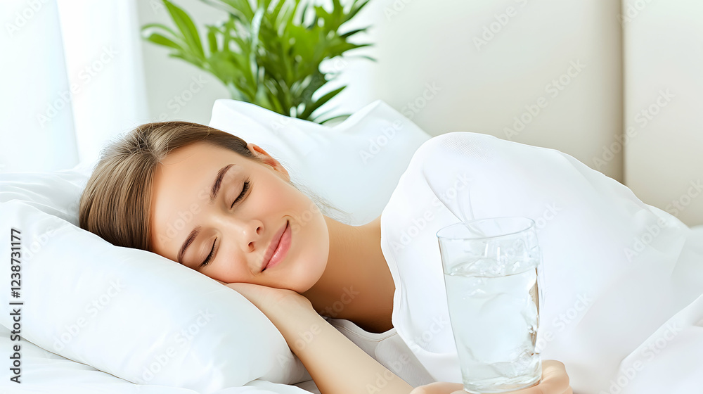 Woman sleeping peacefully in bed, glass of water nearby, bright bedroom, healthy lifestyle imagery Woman sleeping peacefully in bed, glass of water nearby, bright bedroom, healthy lifestyle imagery