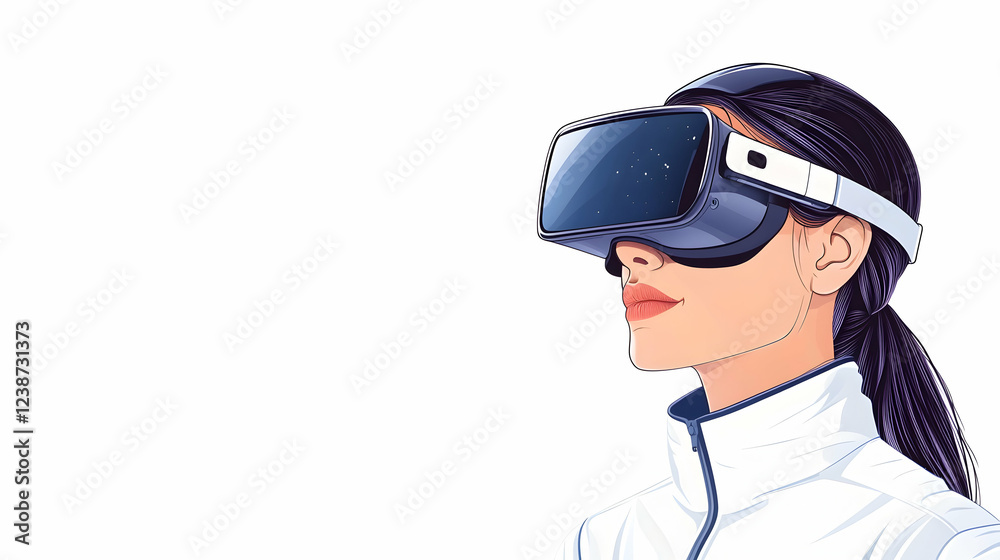 Woman using VR headset, exploring virtual galaxy, white background, tech illustration, website banner Woman using VR headset, exploring virtual galaxy, white background, tech illustration, website banner