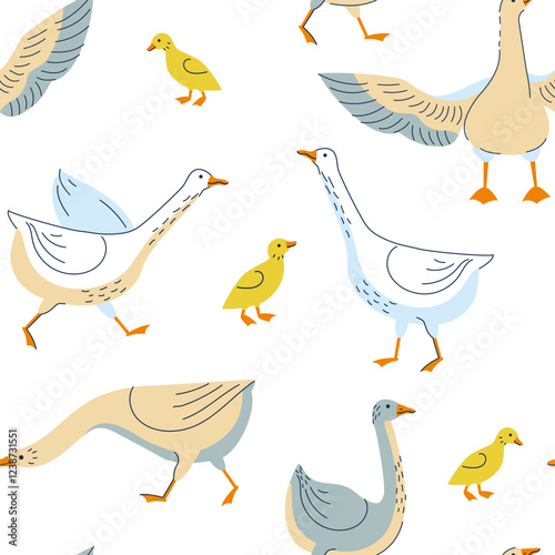 Seamless pattern with goose and little ducklings