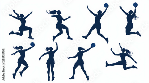 Women's Netball Action Silhouettes; Diverse poses; White background; Sports graphic design photo