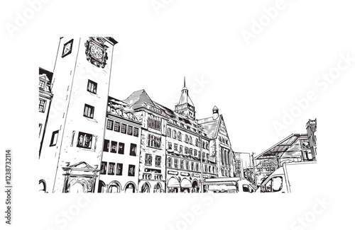 Print Building view with landmark of Chemnitz Germany. Hand drawn sketch illustration in vector.