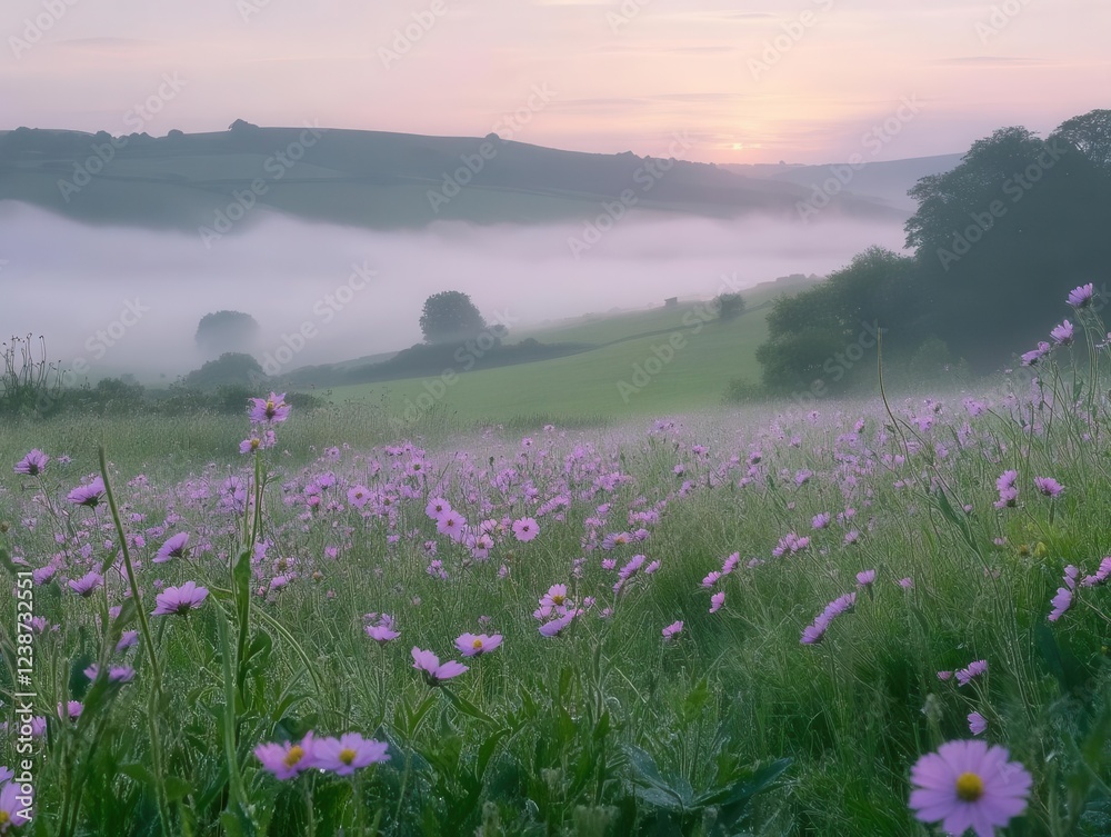 Fototapeta premium enchanted wildflower meadow at golden hour with ethereal fog, featuring delicate cosmos and wildflowers in pastel hues stretching to the horizon