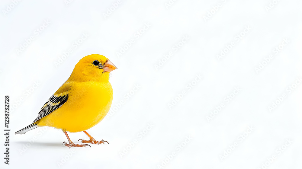 Yellow bird posing on white background, studio shot, perfect for pet, nature, or wildlife websites Yellow bird posing on white background, studio shot, perfect for pet, nature, or wildlife websites