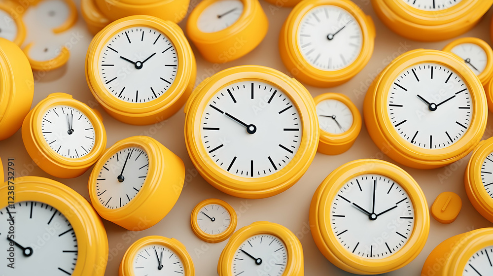 Yellow clocks scattered on beige background; time management concept; website banner Yellow clocks scattered on beige background; time management concept; website banner